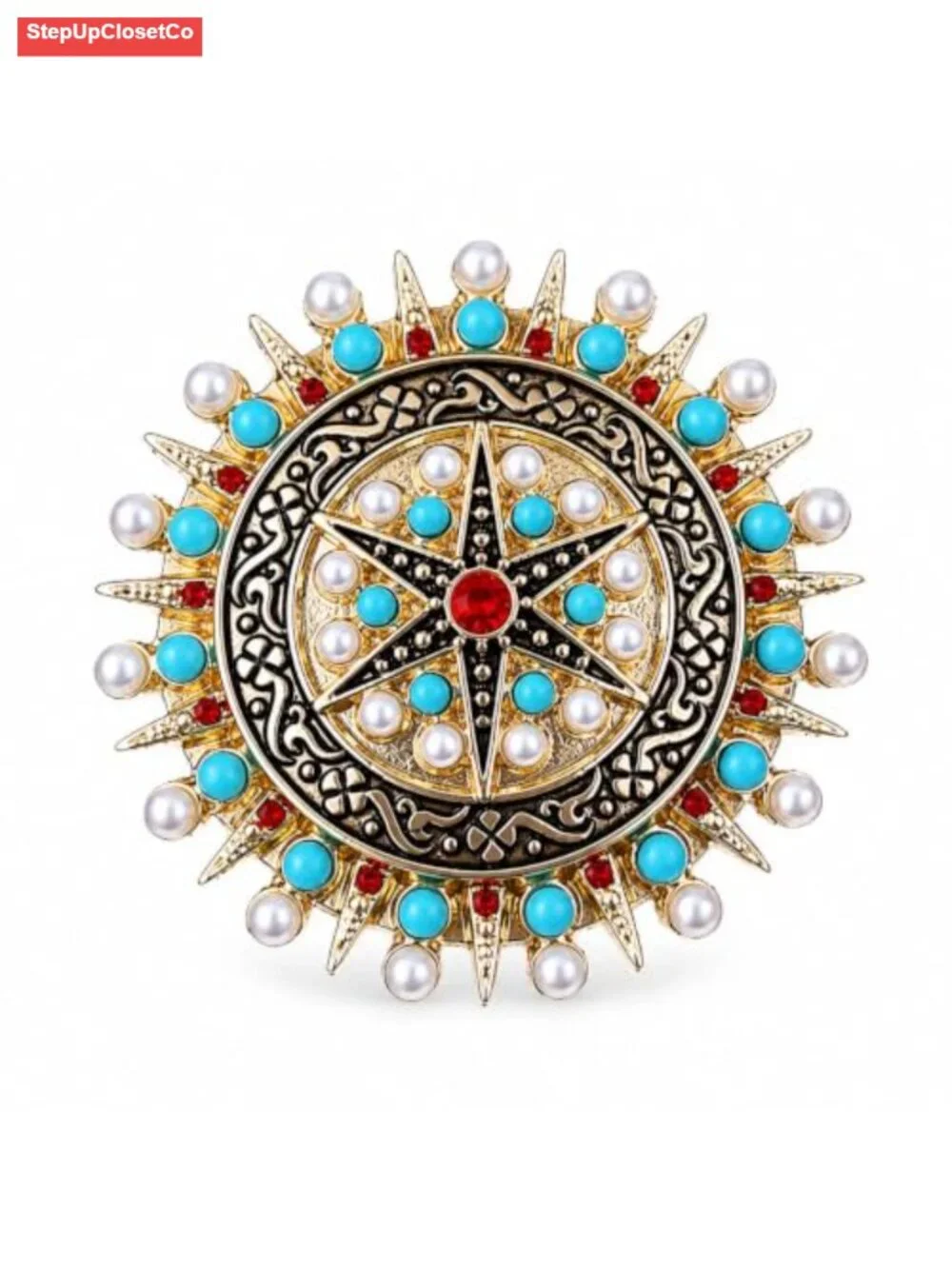 Bohemian Pearl Brooch Pin Retro Disc Corsage Gold Tone Starburst Lapel Jewelry